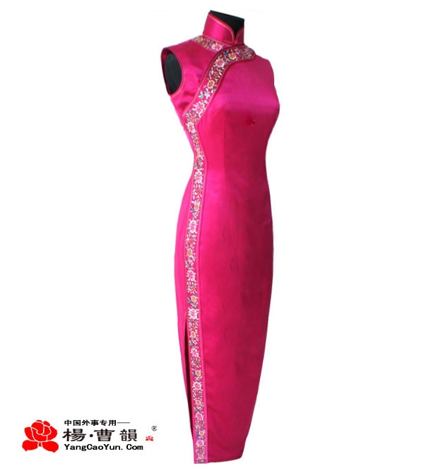 玫瑰红-真丝-绣花旗袍-女款