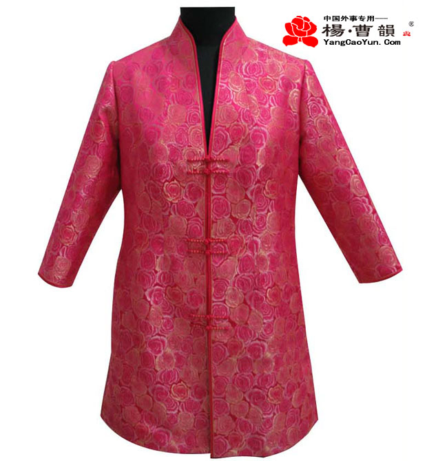玫瑰红色-织锦缎-长款上衣-女款