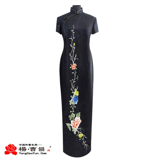 深黑色-真丝重缎-旗袍-女款