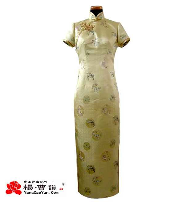 米黄色印花-真丝重磅-旗袍-女款