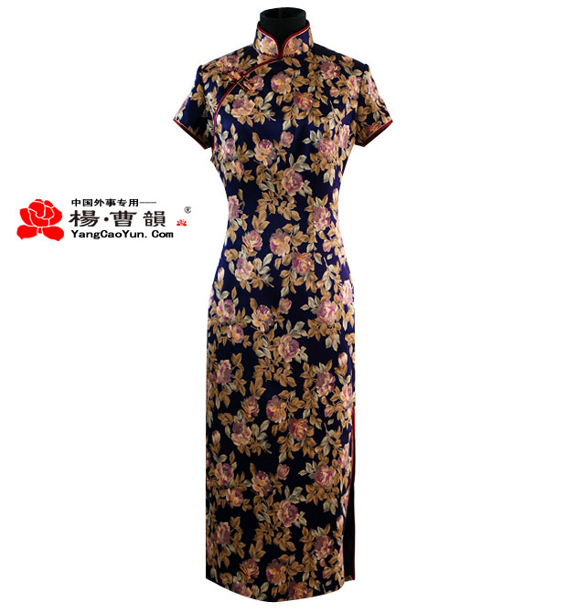 普蓝色印花-真丝-旗袍-女款