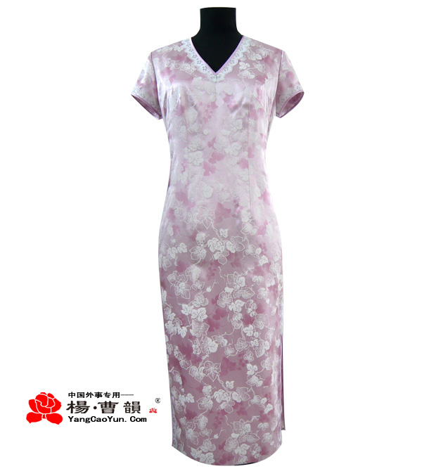 粉红色印花-真丝-旗袍-女款