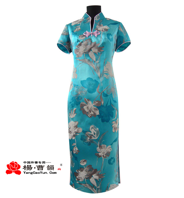 蓝色印花-真丝-旗袍-女款