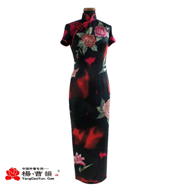 黑色印花-真丝-旗袍-女款