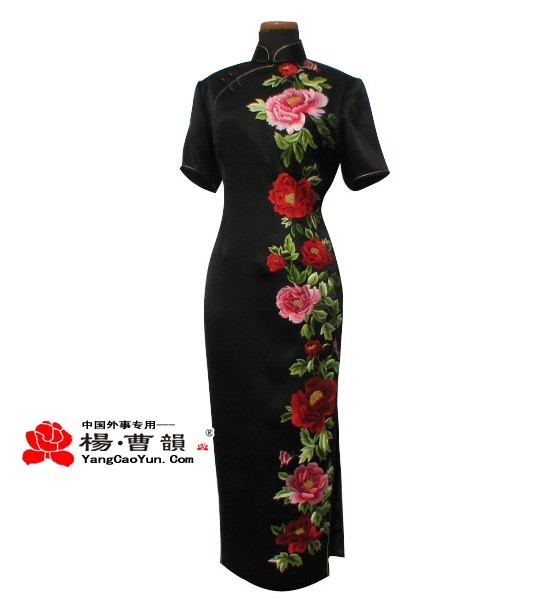 黑色绣花-真丝-旗袍-女款