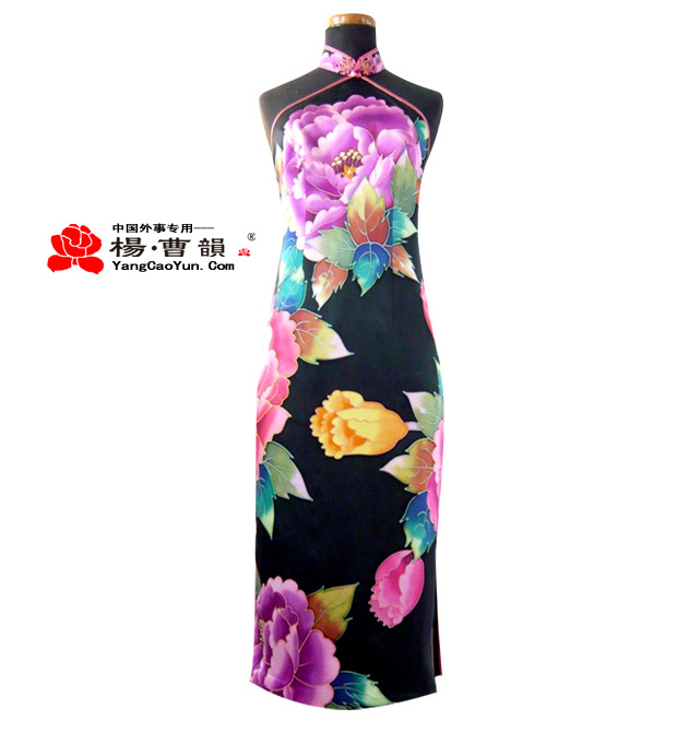 黑色印花-真丝-旗袍-女款
