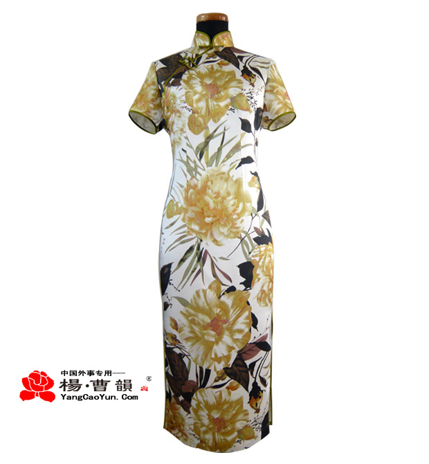 黄色印花-真丝-旗袍-女款