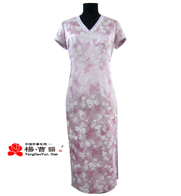 粉红色印花-真丝-旗袍-女款