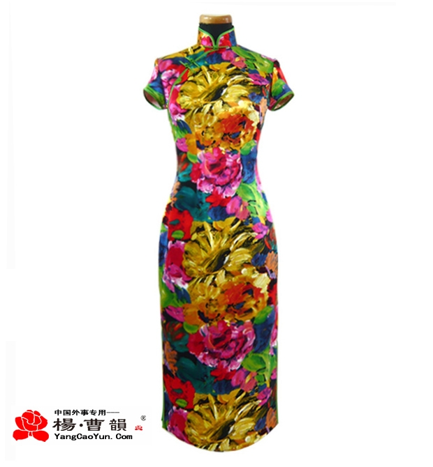 彩色油画带袖-真丝印花-旗袍-女款