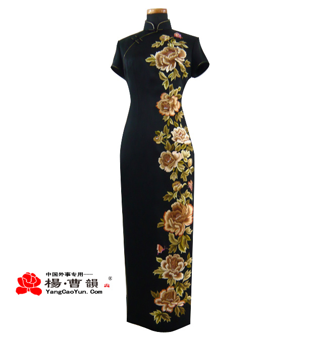 黑色黄绣花-真丝-旗袍-女款