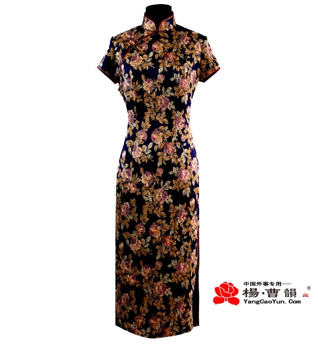 普蓝色印花-真丝-旗袍-女款