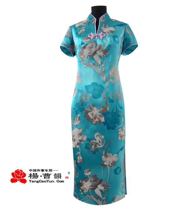 蓝色印花-真丝-旗袍-女款
