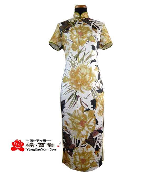 黄色印花-真丝-旗袍-女款