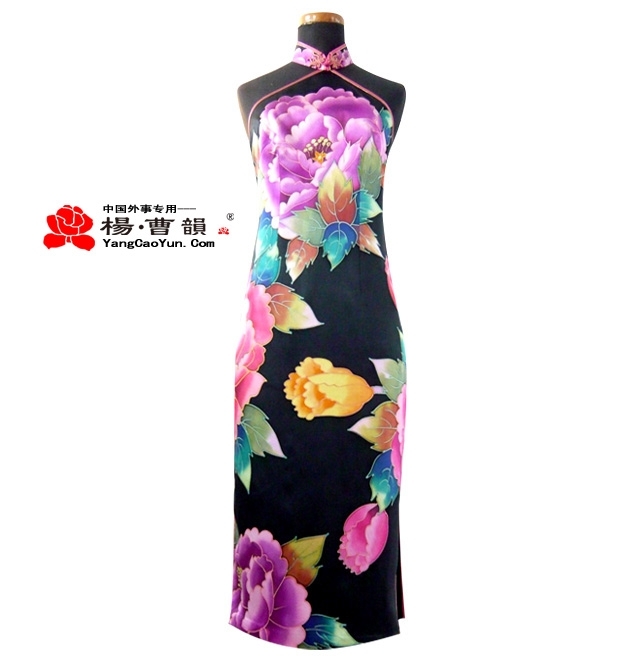 黑色印花-真丝-旗袍-女款