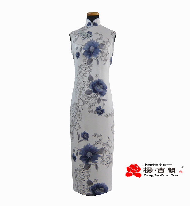 蓝色大花-真丝印花-旗袍-女款